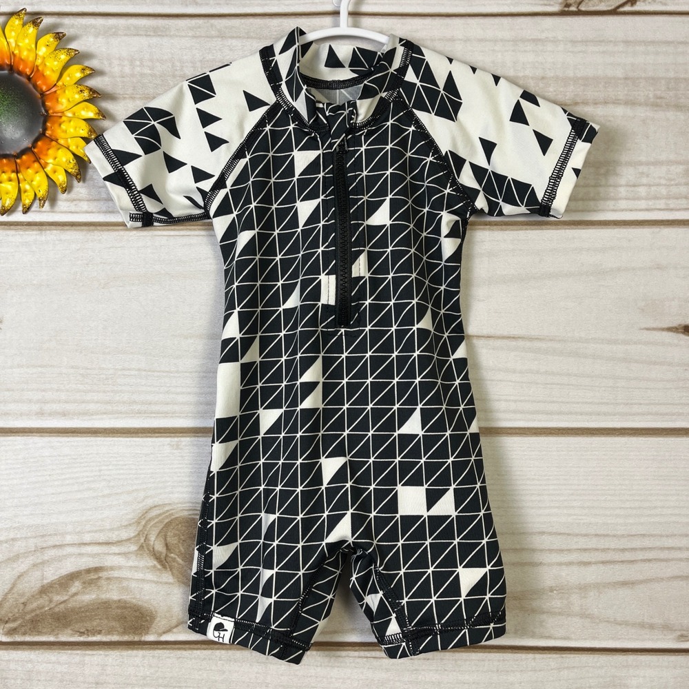 George Hats Kids Black White Geometric Rash Guard Swimsuit One‎ Piece 6-12M